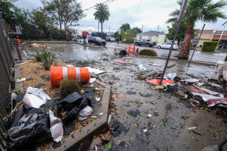 Debris is seen after a rare tornado damaged several buildings on Wednesday in Montebello, California.