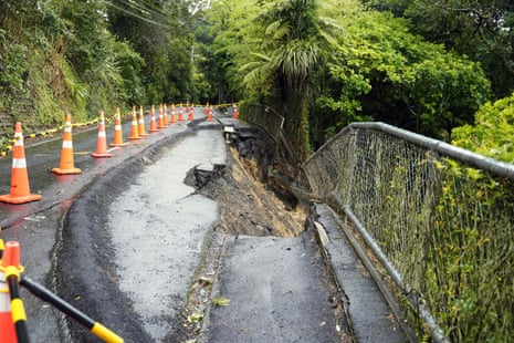 A damaged road in Titirangi, a suburb in West Auckland, on Monday.
