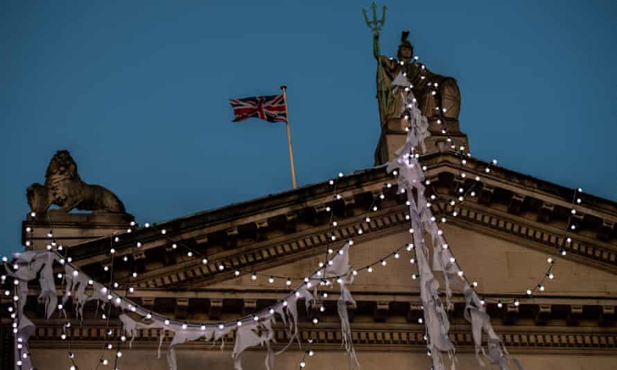 Tate Britain’s pediment draped in lights for Hardy’s installation.