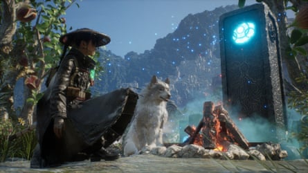 The main character and their large white dog sit before a camp fire