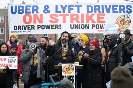 Rideshare drivers staged a strike at LaGuardia airport on 26 February over their treatment and pay by Uber and Lyft.