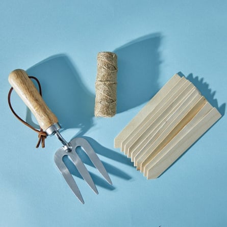 A garden fork, some twine and some wooden markers