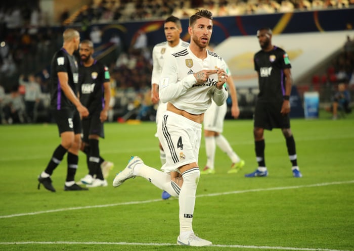 Sergio Ramos of Real Madrid celebrates scoring a goal to make it 3-0.