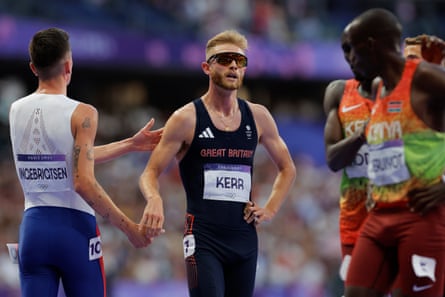 Josh Kerr and Jakob Ingebrigtsen share a brief handshake after the race