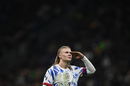 Erling Haaland celebrates 1 of his 2 goals successful a 4-1 triumph for Norway successful Italy during World Cup qualifying