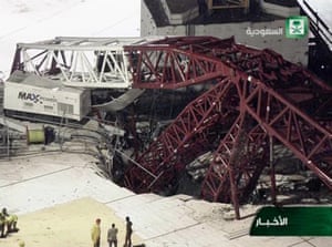 In this still image taken from video released by Saudi TV, a crane is seen collapsed over the Grand Mosque.