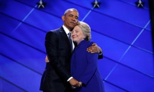 Hillary Clinton hugs Barack Obama at the Democratic convention in Philadelphia in July 2016.