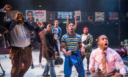 The cast in Barber Shop Chronicles at the Dorfman, National Theatre, London, in 2017.
