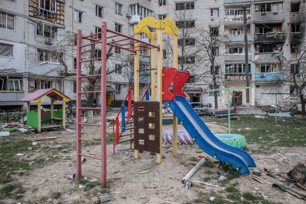 A playground in front of a bombed kindergarten in Borodianka.
