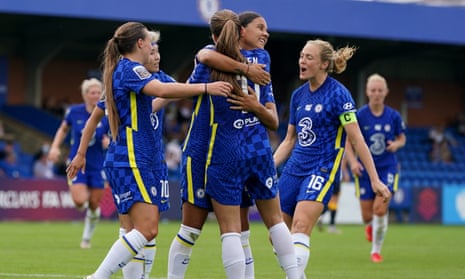 Sam Kerr celebrates scoring Chelsea’s third goal in their one-sided win over Everton