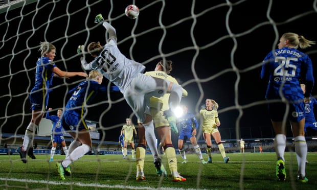 Chelsea’s goalkeeper Ann-Katrin Berger makes a late save during a 0-0 WSL draw at home to Arsenal last month. 