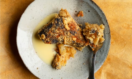 ‘Use big fat sour cooking apples’: warm apple cake with cardamom custard.