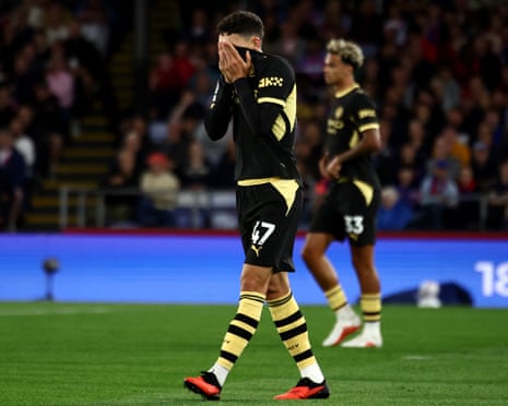 Foden reacts after failing to score.