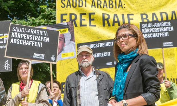 Blogger Raif Badawi’s wife, Ensaf Haidar, take part on an Amnesty International protest in front of the Saudi Arabia embassy in Berlin last month.