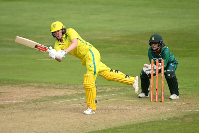 Tahlia McGrath hits a boundary against Pakistan.