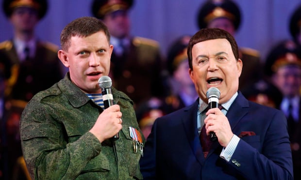 Alexander Zakharchenko, left, separatist leader of the self-proclaimed Donetsk People’s Republic, and Joseph Kobzon form an unlikely duet during a concert in Donetsk, eastern Ukraine.