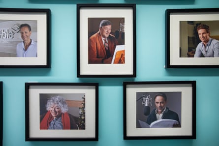 Photographs of famous actors reading for Audible audiobooks, on the wall at the company's studio in London