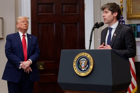 Sam Altman, watched by Donald Trump, speaks at a news conference in the Roosevelt Room of the White House on 21 January 2025.