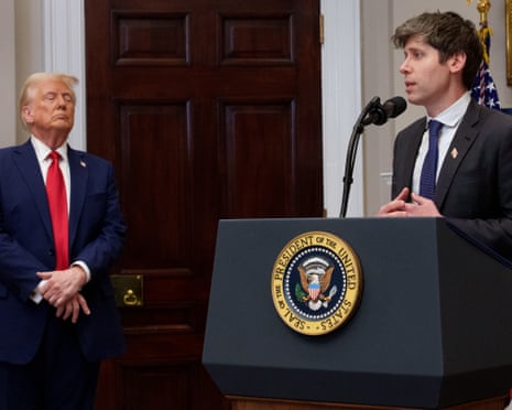 Donald Trump watching as Sam Altman speaks at a White House lectern