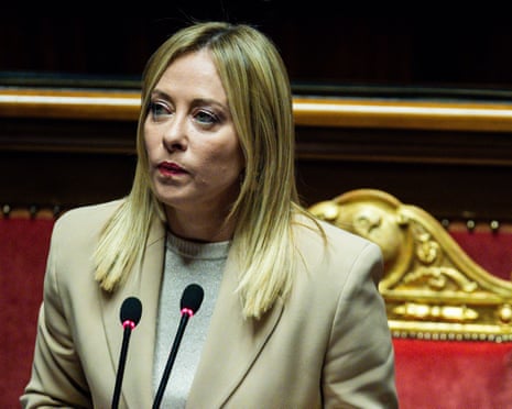 Italian prime minister Giorgia Meloni (C) addresses the Italian Senate on the eve of a European Council, summit in Rome, Italy.