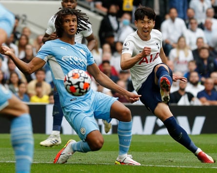 Son Heung-min scores during the Premier League match between Tottenham and Manchester City