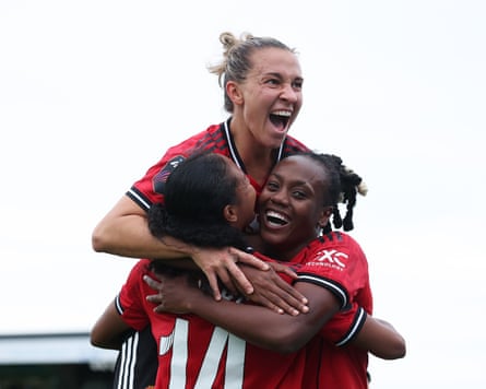 London City Lionesses v Manchester United - Barclays Women's Super LeagueBROMLEY, ENGLAND - SEPTEMBER 14: Jayde Riviere of Manchester United celebrates scoring her team's second goal with teammates Melvine Malard and Julia Zigiotti Olme during the Barclays Women's Super League match between London City Lionesses and Manchester United at Copperjax Community Stadium on September 14, 2025 in Bromley, England. (Photo by Richard Pelham - WSL/WSL Football via Getty Images)
