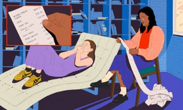 An illustrated graphic of a woman laying down in a  chair crying while another woman behind her looks at a long receipt