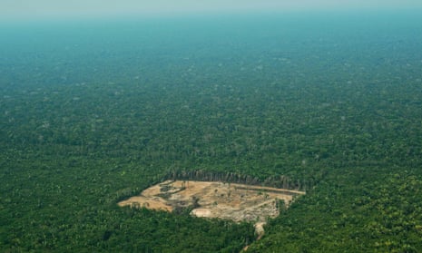 An aerial view of deforestation in the western Amazon region of Brazil. 