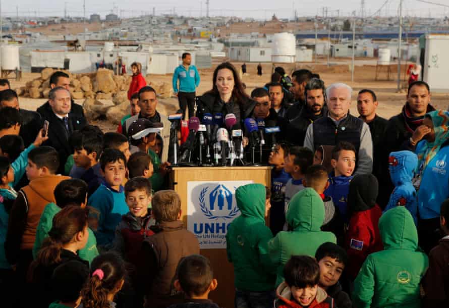 United Nations refugee agency special envoy Angelina Jolie holds a press conference during a visit to Jordan’s Zaatari camp for Syrian refugees on January 28, 2018