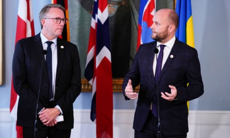 Denmark’s defence minister Morten Boedskov (L) and his Slovakian counterpart Jaroslav Nad announce a joint donation to Ukraine at a press conference at Kastellet in Copenhagen, Denmark.