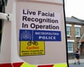 A Met Police sign telling passers by facial recognition is in operation
