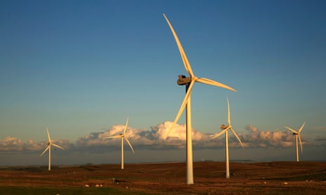 Turbines at sunset at Green Rigg windfarm, Northumberland.