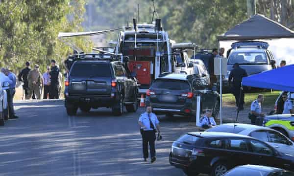 A police forward command post is seen near Maddison’s stand-off with police, west of Brisbane, Queensland.