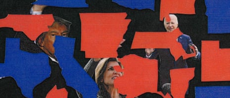 A collage of the states, and Joe Biden, Donald Trump, and Nikki Haley