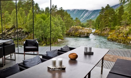 View out to the green, mountainous landscape from the Juvet Landscape Hotel, Valldal, Norway.