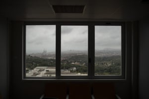 Badalona is seen through a window of the Germans Trias i Pujol hospital in Badalona.