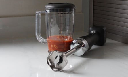 A KitchenAid Go cordless hand blender on a kitchen worktop
