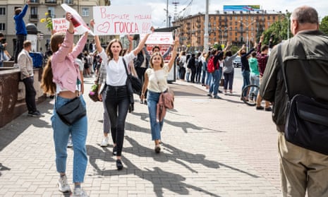 Women in Minsk demonstrating after Lukashenko claimed election victory.