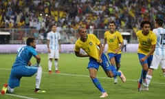 Miranda celebrates his late winner in the friendly between Brazil and Argentina at the King Abdullah Sport City Stadium in Jeddah, Saudi Arabia.