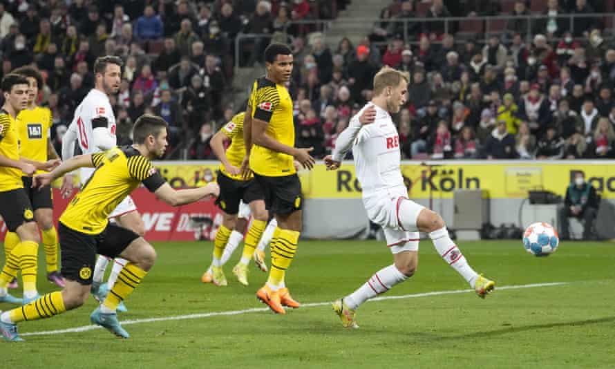 Sebastian Andersson scores for Cologne against Borussia Dortmund