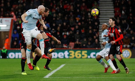 West Ham United’s James Collins scores their first goal.