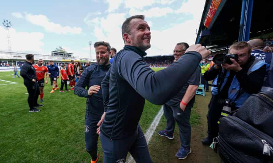 Luton Town: from non-league to the brink of a Premier League fairytale | Luton Town 2 The Luton Town manager, Nathan Jones, celebrates at full-time after the 1-0 win over Reading.