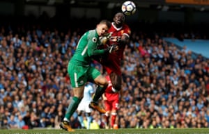 Sadio Mane receives a straight red for this high challenge on City’s goalkeeper Ederson Moraes.