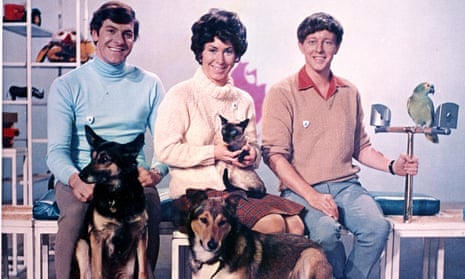 Peter Purves, Valerie Singleton and John Noakes with Jason the cat, Petra and Patch the dogs and Barney the parrot in 1969.