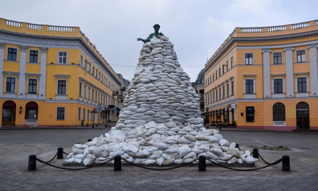 A monument of Odesa city founder Duke de Richelieu is seen covered with sandbags for protection, amid Russia's invasion of Ukraine, in Odesa, Ukraine.