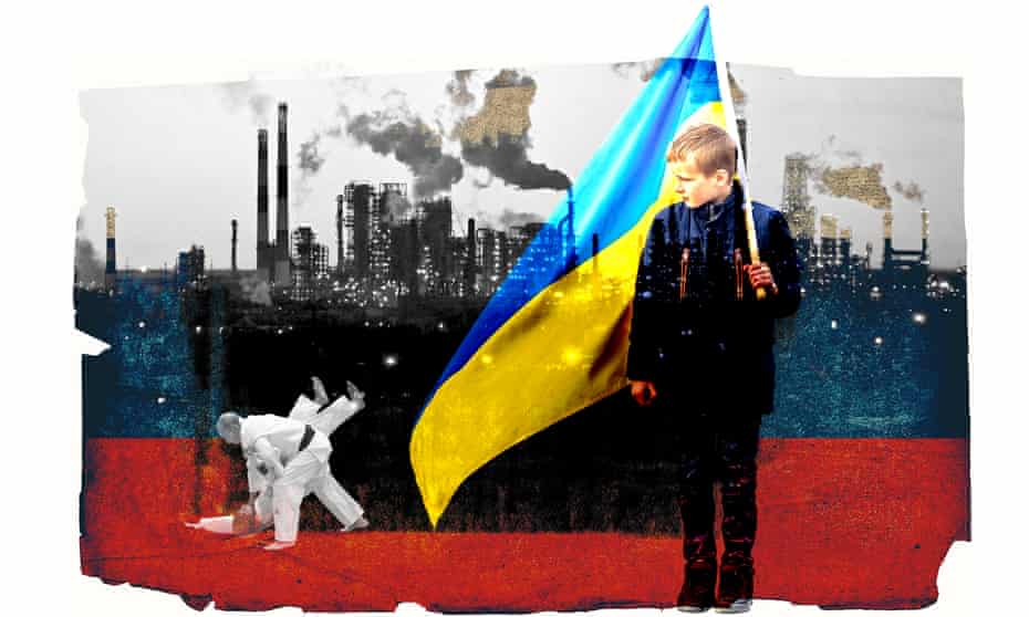 Illustration of a young boy holding a Ukrainian flag against the background of a smoking city, and Vladimir Putin in a judo match
