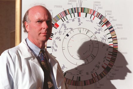 Venter with the gene map of a flu-causing bacterium – the first genome sequence of a living organism – at his office in Rockville, Maryland, in 1997.