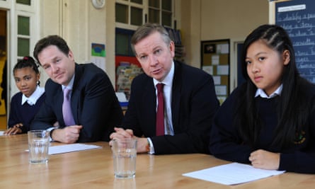 The then deputy prime minister Nick Clegg and education secretary Michael Gove meet pupils at Durand Academy Primary School in 2010