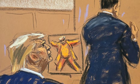 a rough drawing of a man with blonde hair looking at an image of a man dancing next to another man in a suit