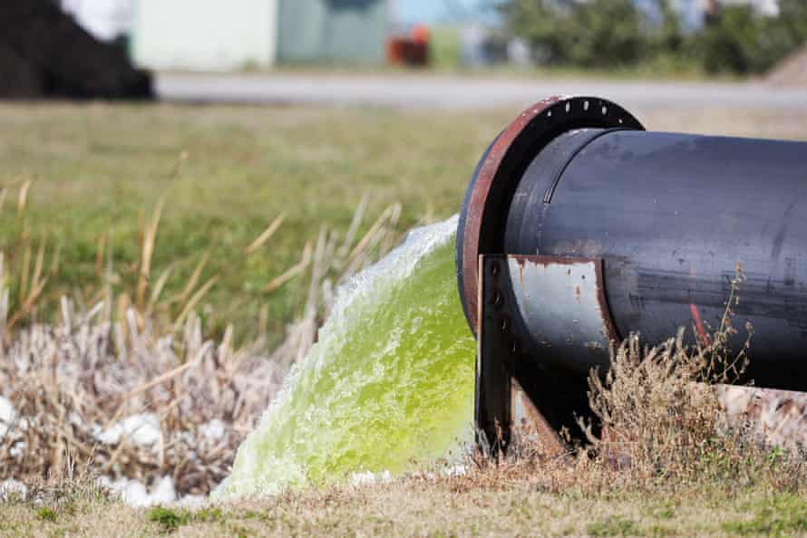 Des effluents jaillissent d'un tuyau dans un fossé à Port Manatee, où une brèche dans un réservoir d'eaux usées à proximité sur le site d'une ancienne usine de phosphate a forcé un ordre d'évacuation.